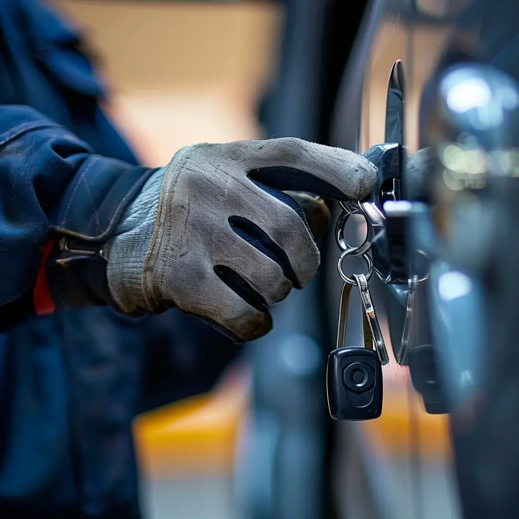 Autoöffnung Süchteln - Ein erfahrener Schlosser mit blauen Handschuhen öffnet das Auto-Schloss